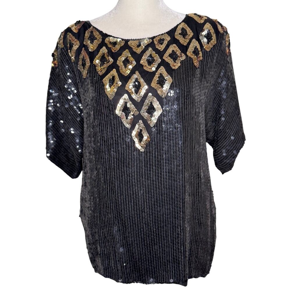 Vintage 80s/90s Jean For Joseph Le Bon Sequined Beaded blouse 100% Silk Size: S